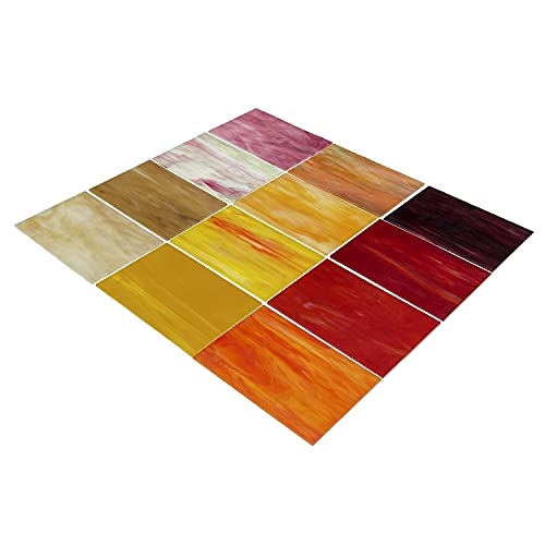 Unicoshape 12 Sheets Stained Glass Sheets Pack, 6" X 4" Cathedral Glass, Art Glass, Mosaic Glass Tiles for Crafts, (Red and Yellow Mixed)