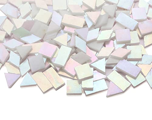Lanyani Glass Mosaic Tiles for Art Crafts,4 Shapes Mixed Tiffany Stained Glass Pieces,200 Pieces,Square/Rectangle/Diamond/Triangle,Iridescent White