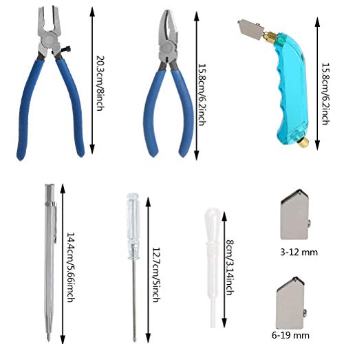 YOTINO Glass Cutting Tool Kit Includes Blue Grip Oil Feed Glass Cutter with 2 pliers, 3 Extra Replacement Head, Tungsten Scribe Engraving Pen, Screwdriver and Oil Dropper
