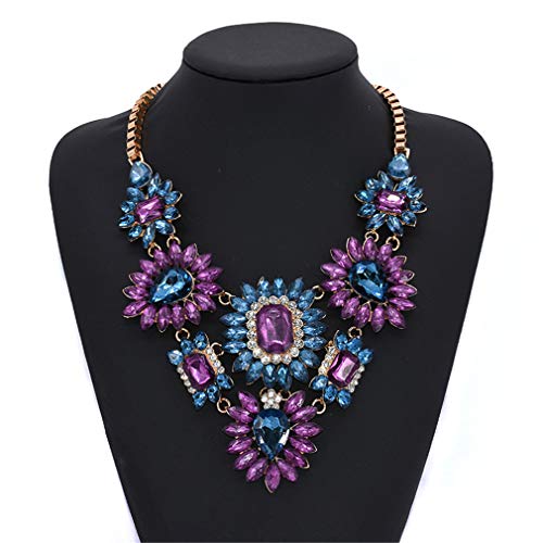 YAZILIND Exaggerated Gemstone Collar Short Chunky Necklace Flower Shape Cubic Zirconia Jewelry Gift(Purple)