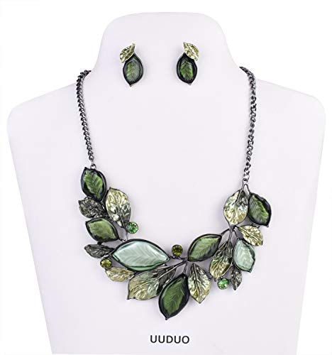 Vintage Statement Necklace and Earrings Set Flower Leaf Pendants Bib Necklaces Fashion Chunky Jewelry for Women Girls (Green)
