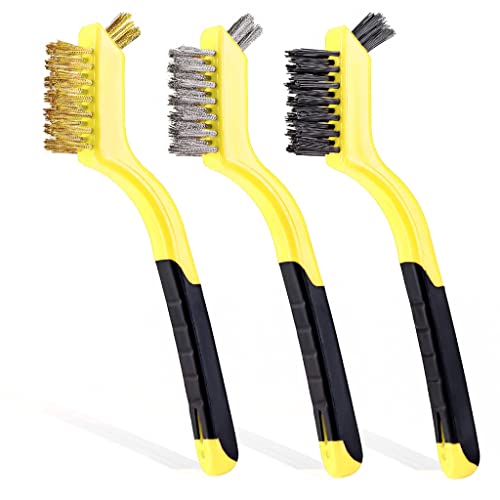 Lavaxon Wire Brush Set 3Pcs - Nylon/Brass/Stainless Steel Bristles with Curved Handle Grip for Rust, Dirt & Paint Scrubbing with Deep Cleaning – 7 Inches (Yellow)