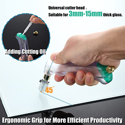 Glass Cutter Pistol Grip (3mm-15mm), Ergonomic Grip Tungsten Carbide Glass Cutting Tool with Oil Reservoir, Perfect for Glass Cutting/Tiles/Mirror/Mosaic/Window