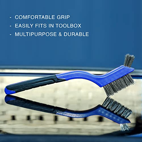 Lavaxon Wire Brush Set 3Pcs - Nylon/Brass/Stainless Steel Bristles with Curved Handle Grip for Rust, Dirt & Paint Scrubbing with Deep Cleaning – 7 Inches (Blue)