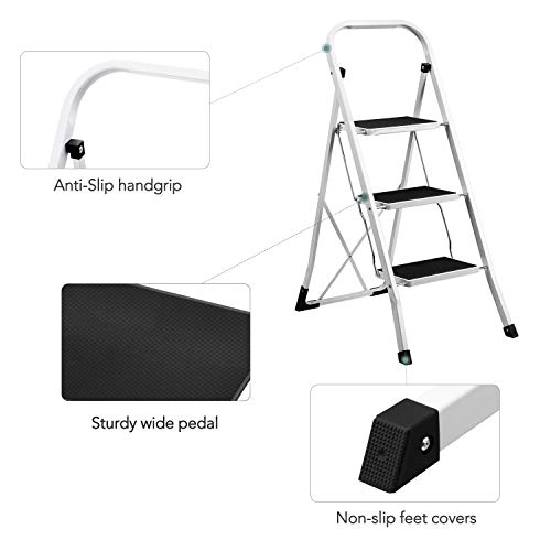 Delxo 3 Step Ladder Folding Step Stool with Handle Heavy Duty Steel Sturdy Wide Pedal Lightweight Anti-Slip Portable, Collapsible Step Stool Folding Ladder Kitchen Step Stool for Adults, Kids 500 lbs