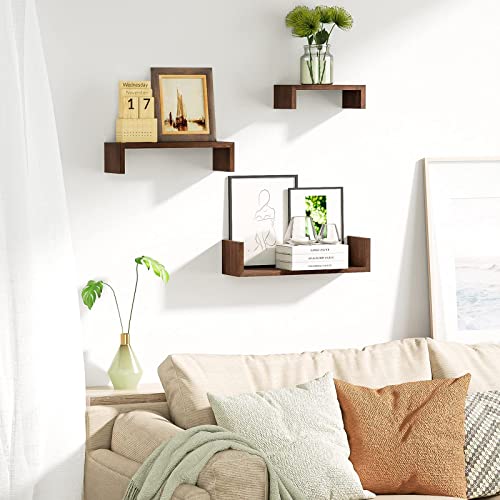 SRIWATANA Floating Shelves Wall Mounted, Solid Wood Wall Shelves Set of 3, Dark Brown