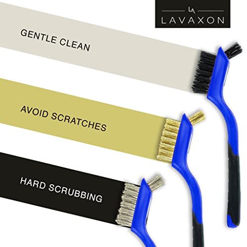 Lavaxon Wire Brush Set 3Pcs - Nylon/Brass/Stainless Steel Bristles with Curved Handle Grip for Rust, Dirt & Paint Scrubbing with Deep Cleaning – 7 Inches (Blue)