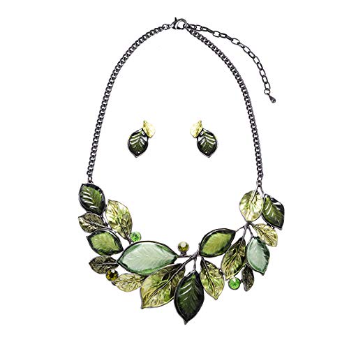 Vintage Statement Necklace and Earrings Set Flower Leaf Pendants Bib Necklaces Fashion Chunky Jewelry for Women Girls (Green)