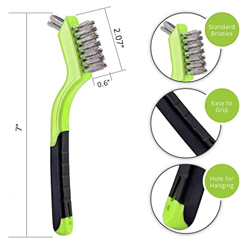 Lavaxon Wire Brush Set 3Pcs - Nylon/Brass/Stainless Steel Bristles with Curved Handle Grip for Rust, Dirt & Paint Scrubbing with Deep Cleaning – 7 Inches (Green)