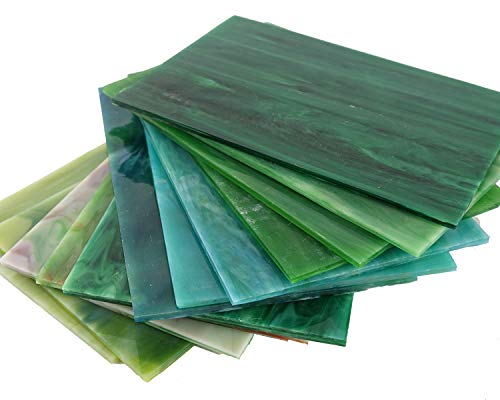 Lanyani 10 Sheets Variety Stained Glass Sheets Pack, 4 x 6 inch Large Cathedral Glass Mosaic Tiles for Crafts, Green Mixed