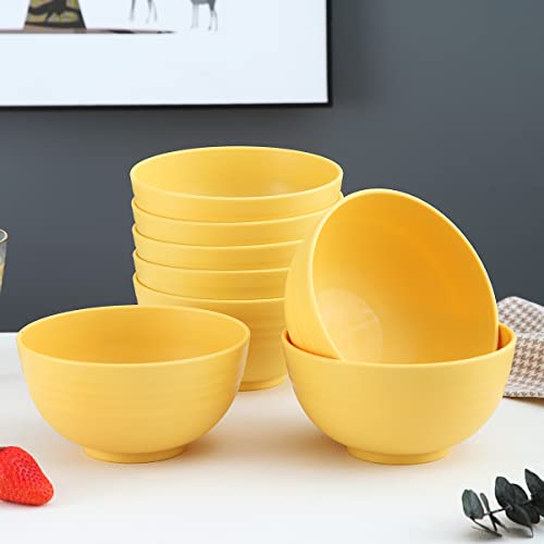 Kyraton Plastic Cereal Bowls 8 Pieces 26 oz, Unbreakable And Reusable Light Weight Bowl For Rice Noodle Soup Snack Salad Fruit BPA Free Dishwasher Safe (Gold Yellow)