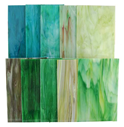 Lanyani 10 Sheets Variety Stained Glass Sheets Pack, 4 x 6 inch Large Cathedral Glass Mosaic Tiles for Crafts, Green Mixed