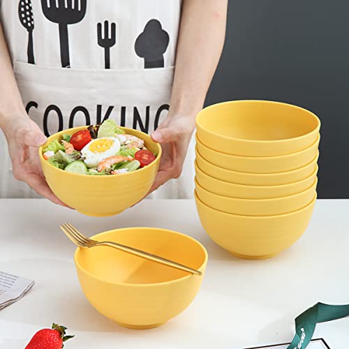 Kyraton Plastic Cereal Bowls 8 Pieces 26 oz, Unbreakable And Reusable Light Weight Bowl For Rice Noodle Soup Snack Salad Fruit BPA Free Dishwasher Safe (Gold Yellow)