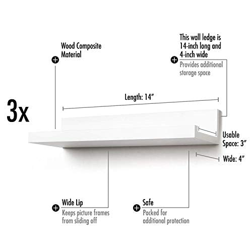 Americanflat 14 Inch Floating Shelves Set of 3 in White Composite Wood - Wall Mounted Storage Shelves for Bedroom, Living Room, Bathroom, Kitchen, Office and More