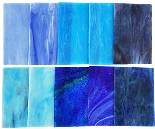 Lanyani 10 Sheets Variety Stained Glass Sheets Pack, 4 x 6 inch Large Cathedral Glass Mosaic Tiles for Crafts, Blue Mixed