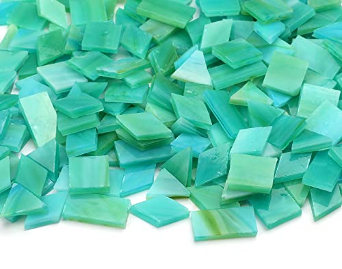 Lanyani 200 Pieces Glass Mosaic Tiles for Crafts,4 Shapes Mixed Colorful Tiffany Stained Glass Pieces,Square/Rectangle/Diamond/Triangle,Ocean Green