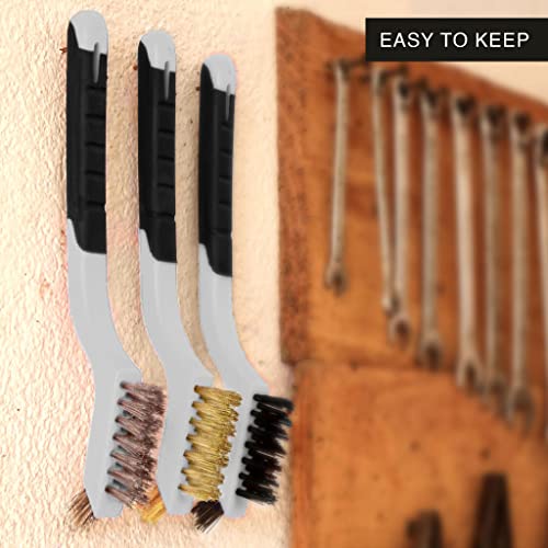 Lavaxon Wire Brush Set 3Pcs - Nylon/Brass/Stainless Steel Bristles with Curved Handle Grip for Rust, Dirt & Paint Scrubbing with Deep Cleaning – 7 Inches (Grey)
