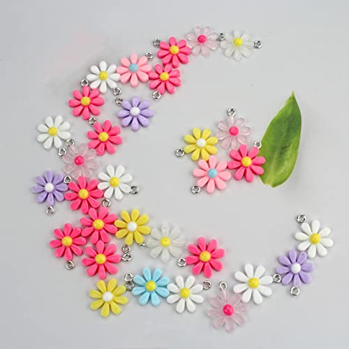 30Pcs Daisy Flower Pendant Charms Colorful Resin Jewelry Making Ornament DIY Pendant Making Charm for Bracelet Necklace Earrings Keychain Craft