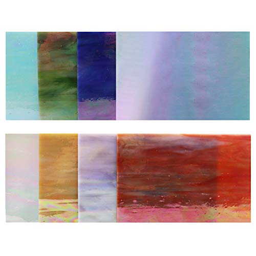 LITMIND 8 Pack Stained Glass Sheets Variety Pack, 4 x 6 inch Iridescent Glass Sheets for Beginners, Mosaic Tiles for Crafts, Art Glass Pack (Opaque/Iridescent)