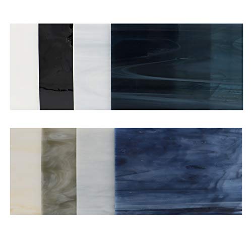 LITMIND 8 Sheets Stained Glass Variety Pack, 4 x 6 inch Mosaic Tiles Glass for Crafts, Art Glass Pack, Mixed Colors and Patterns (White+Black+Gray)
