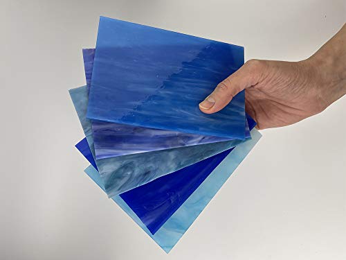Unicoshape 12 Sheets Stained Glass Sheets Pack, 6" X 4" Cathedral Glass, Art Glass, Mosaic Glass Tiles for Crafts, (Mixed Blue)