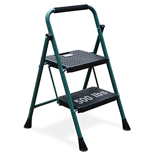 HBTower 2 Step Ladder, Folding Step Stool with Wide Anti-Slip Pedal, Sturdy Steel Ladder, Convenient Handgrip, Lightweight 500lbs Portable Steel Step Stool, Green and Black