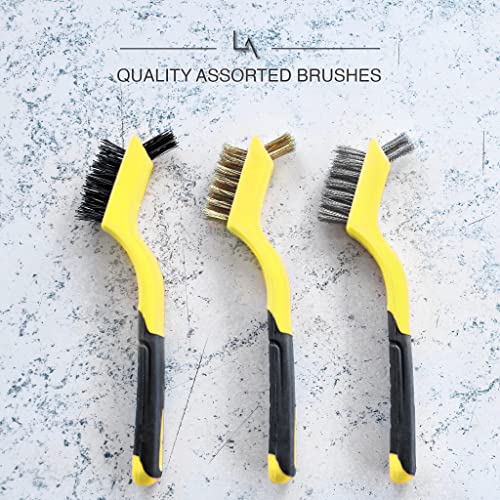 Lavaxon Wire Brush Set 3Pcs - Nylon/Brass/Stainless Steel Bristles with Curved Handle Grip for Rust, Dirt & Paint Scrubbing with Deep Cleaning – 7 Inches (Yellow)