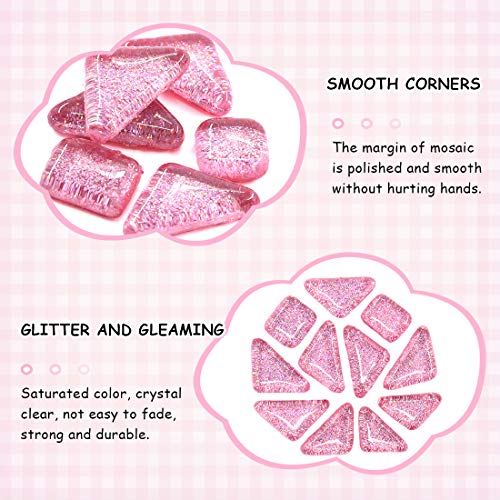 Swpeet 1 Pound Pink Shine Crystal Series Mosaic Tiles Assortment Kit, Square and Triangle Genuine Mosaic Tiles Glitter Crystal Mosaic Perfect for Home Decoration Crafts