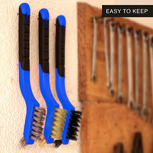 Lavaxon Wire Brush Set 3Pcs - Nylon/Brass/Stainless Steel Bristles with Curved Handle Grip for Rust, Dirt & Paint Scrubbing with Deep Cleaning – 7 Inches (Blue)