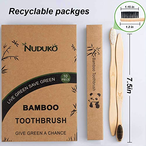 Nuduko Biodegradable Bamboo Toothbrushes, 10 Piece BPA Free Soft Bristles Toothbrushes, Natural, Eco-Friendly, Green and Compostable