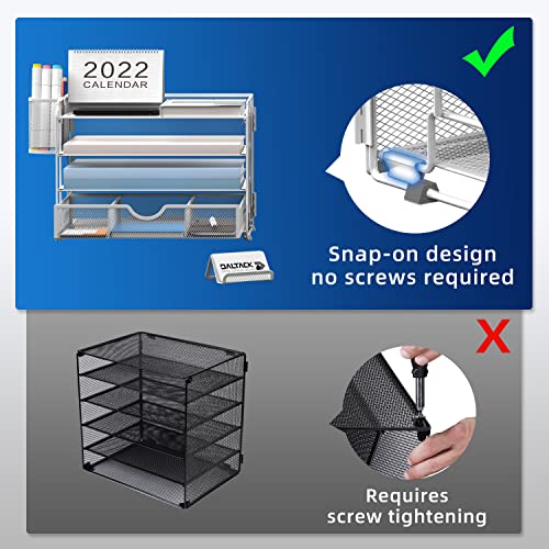 DALTACK 4-Trays Desktop File Organizer with Pen Holder, Letter Tray Paper Organizer with Drawer and Pen Holders, White Mesh Office Supplies File Holder, Desk Organizer for Office School Home