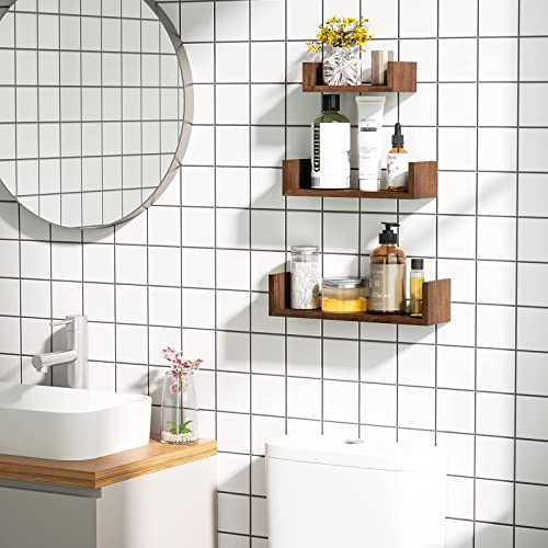 SRIWATANA Floating Shelves Wall Mounted, Solid Wood Wall Shelves Set of 3, Dark Brown