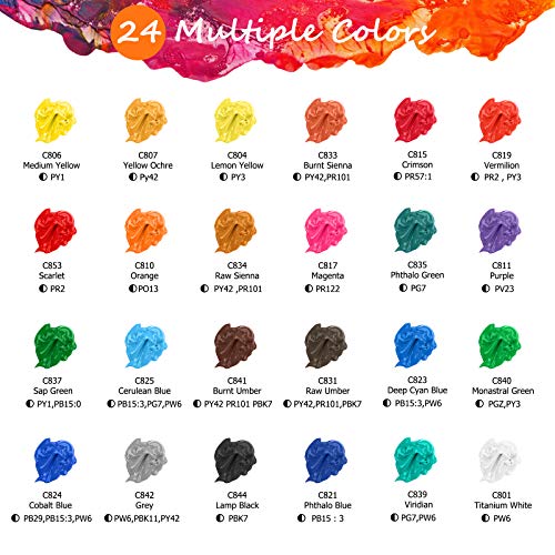 Caliart Acrylic Paint Set With 12 Brushes, 24 Colors (59ml, 2oz) Art Craft Paints for Artists Kids Students Beginners & Painters, Canvas Halloween Pumpkin Ceramic Wood Rock Painting Art Supplies Kit