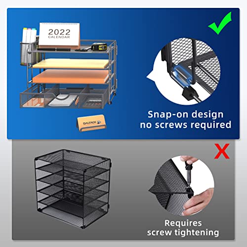DALTACK 4-Trays Desktop File Organizer with Pen Holder, Letter Tray Paper Organizer with Drawer and Pen Holders, Grey Mesh Office Supplies File Holder, Desk Organizer for Office School Home