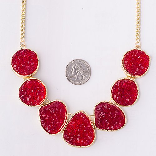 Jane Stone Fashion Drusy Stone Bead Statement Necklace Bib Choker Sparkly Jewelry (Red)