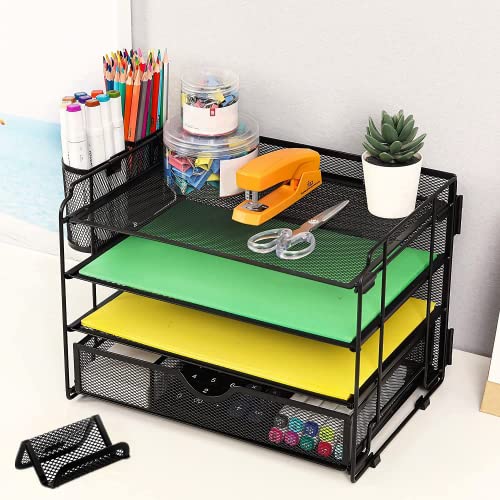 DALTACK 4-Trays Desktop File Organizer with Pen Holder,Letter Tray Paper Organizer with Drawer and Pen Holders, Black Mesh Office Supplies File Holder,Desk Organizer for Office School Home
