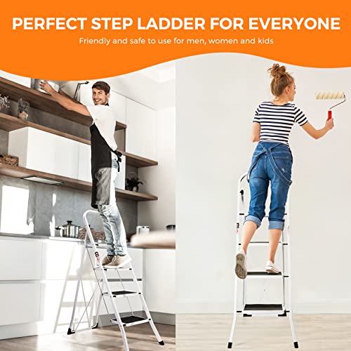 DELXO Step Ladder Folding Step Stool 4 Step Ladder with Handrails Heavy Duty Steel Sturdy Wide Pedal Lightweight Anti-Slip Portable & Collapsible Stool Folding Ladder Kitchen Step Stool - 350 lbs