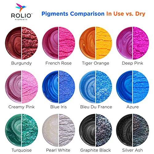 Rolio - Mica Powder - 24 Jars of Pigment for Paint, Dye, Soap Making, Nail Polish, Epoxy Resin, Candle Making, Bath Bombs, Slime