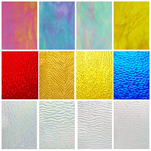 Lanyani 12 Sheets Iridescent Stained Glass Sheets, Cathedral Art Glass Packs for Mosaic Work Craft, Assorted Clear+Opaque+Colored Transparent