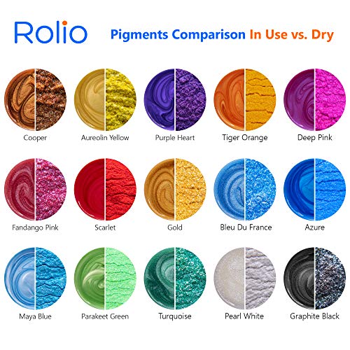 Rolio - Mica Powder - 15 Bags of Pearlescent Color Pigment for Paint, Dye, Soap Making, Nail Polish, Epoxy Resin, Candle Making, Bath Bombs, Slime