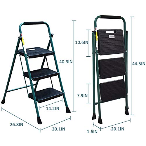 HBTower 3 Step Ladder, Folding Step Stool with Wide Anti-Slip Pedal, 500 lbs Sturdy Steel Ladder, Convenient Handgrip, Lightweight, Portable Steel Step Stool, Green and Black