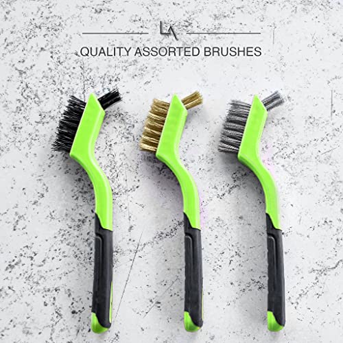 Lavaxon Wire Brush Set 3Pcs - Nylon/Brass/Stainless Steel Bristles with Curved Handle Grip for Rust, Dirt & Paint Scrubbing with Deep Cleaning – 7 Inches (Green)