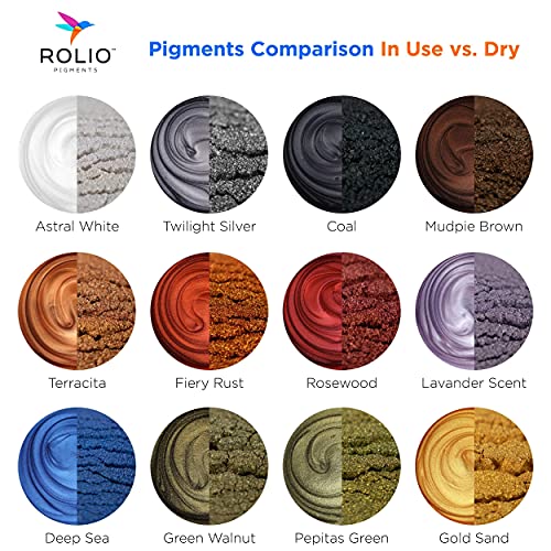 Rolio - Mica Powder - 12 Jars of Pearlescent Color Pigment for Paint, Dye, Soap Making, Nail Polish, Epoxy Resin, Candle Making, Bath Bombs, Slime - Earth Colors Set