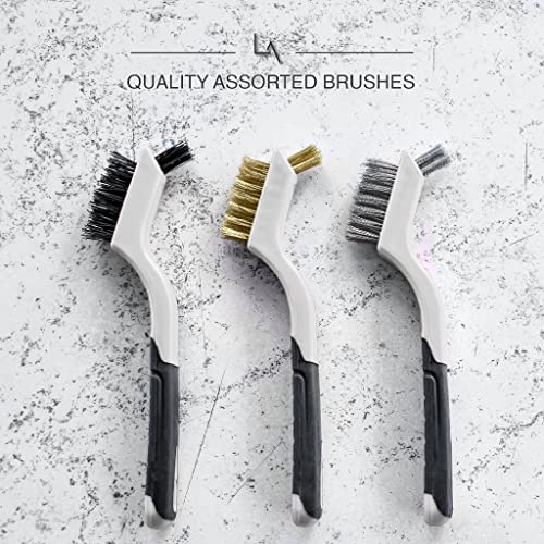 Lavaxon Wire Brush Set 3Pcs - Nylon/Brass/Stainless Steel Bristles with Curved Handle Grip for Rust, Dirt & Paint Scrubbing with Deep Cleaning – 7 Inches (Grey)