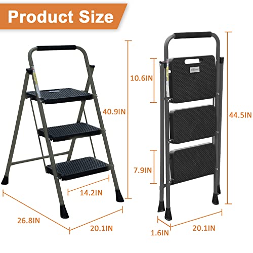 HBTower 3 Step Ladder, Folding Step Stool with Wide Anti-Slip Pedal, Sturdy Steel Ladder, Convenient Handgrip, Lightweight 500lbs Portable Steel Step Stool, Grey