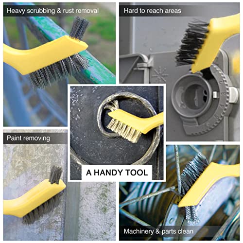 Lavaxon Wire Brush Set 3Pcs - Nylon/Brass/Stainless Steel Bristles with Curved Handle Grip for Rust, Dirt & Paint Scrubbing with Deep Cleaning – 7 Inches (Yellow)
