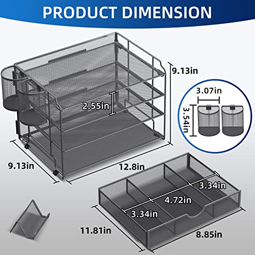 DALTACK 4-Trays Desktop File Organizer with Pen Holder, Letter Tray Paper Organizer with Drawer and Pen Holders, Grey Mesh Office Supplies File Holder, Desk Organizer for Office School Home