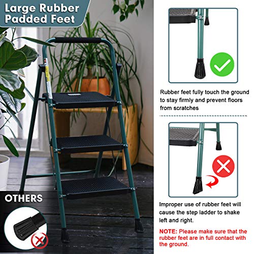 HBTower 3 Step Ladder, Folding Step Stool with Wide Anti-Slip Pedal, 500 lbs Sturdy Steel Ladder, Convenient Handgrip, Lightweight, Portable Steel Step Stool, Green and Black