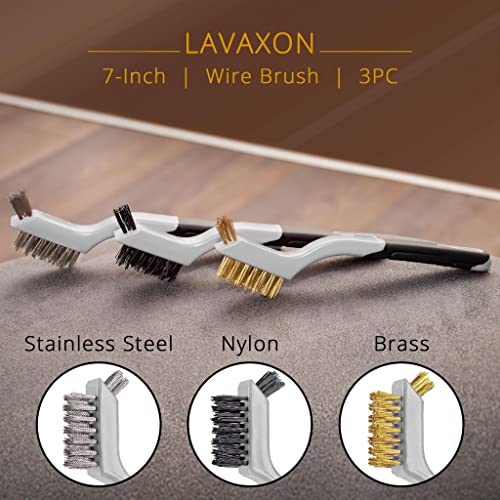 Lavaxon Wire Brush Set 3Pcs - Nylon/Brass/Stainless Steel Bristles with Curved Handle Grip for Rust, Dirt & Paint Scrubbing with Deep Cleaning – 7 Inches (Grey)