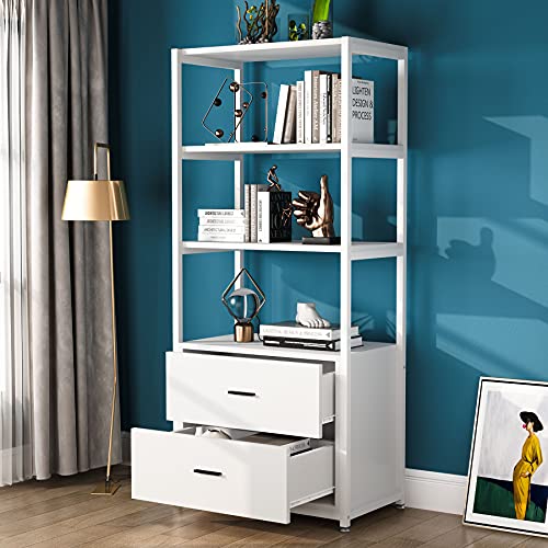 Tribesigns Bookcase, 4-Tier White Bookshelf with 2 Drawers, Etagere Standard Book Shelves Display Shelf for Home Office (White)